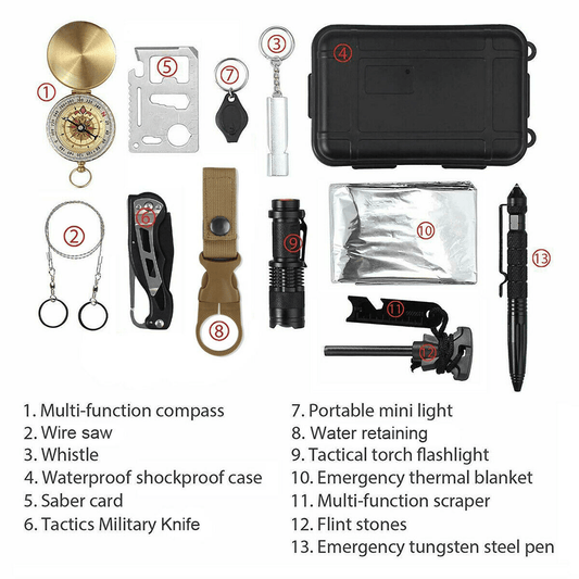 14 in 1 Outdoor Emergency Survival And Safety Gear Kit Camping Tactical Tools SOS EDC Case - MarineQuest Supply
