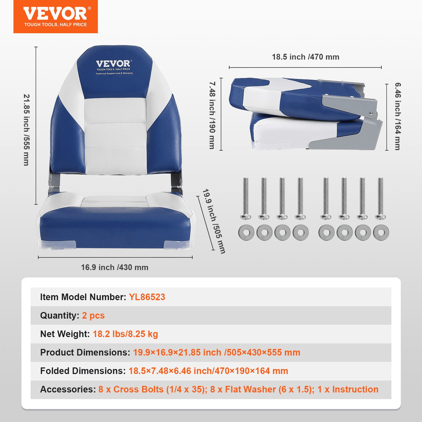 VEVOR Boat Seats, 21.85" High Back Boat Seat, Folding Boat Chair with Thickened Sponge Padding and Hinge, Fold - Down Boat Captain Chairs for Fishing Boat, Sightseeing Boat, Speedboat, Canoe, 2 - Pack - MarineQuest Supply