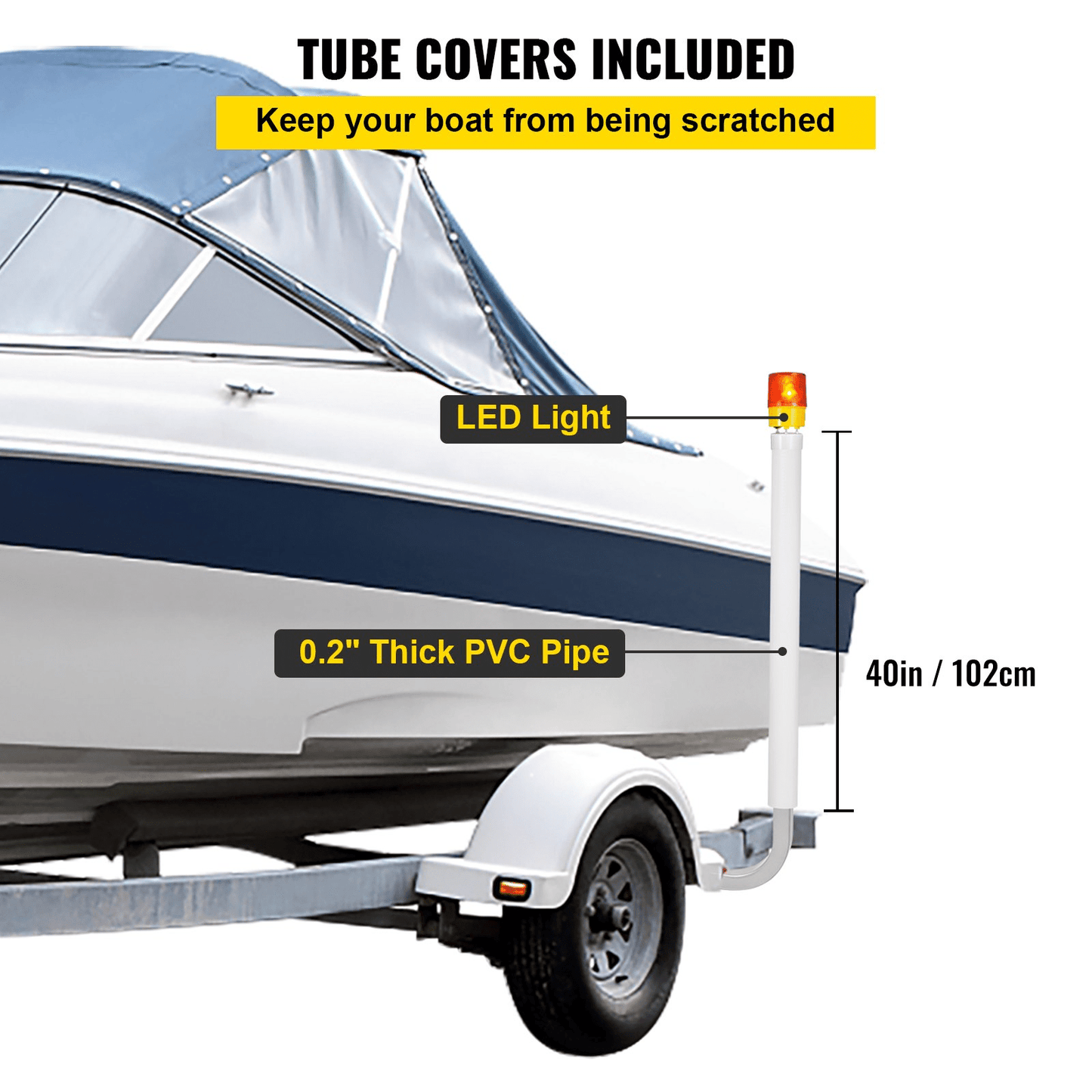 VEVOR Boat Trailer Guide - on, 40", 2PCS Steel Trailer Post Guide on, with LED - Lighted PVC Tube Covers, Mounting Hardware Included, for Ski Boat, Fishing Boat or Sailboat Trailer - MarineQuest Supply