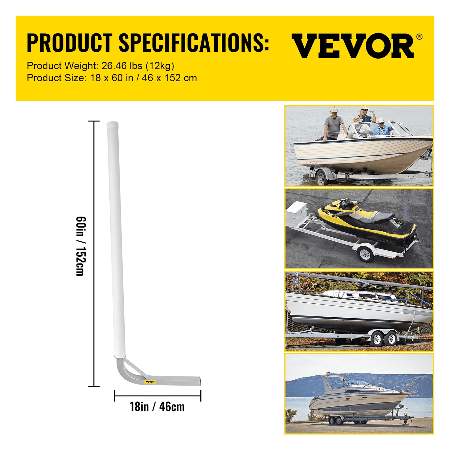 VEVOR Boat Trailer Guide - on, 60", 2PCS Steel Trailer Post Guide ons, w/White PVC Tube Covers, Complete Mounting Accessories Included, for Ski Boat, Fishing Boat or Sailboat Trailer - MarineQuest Supply