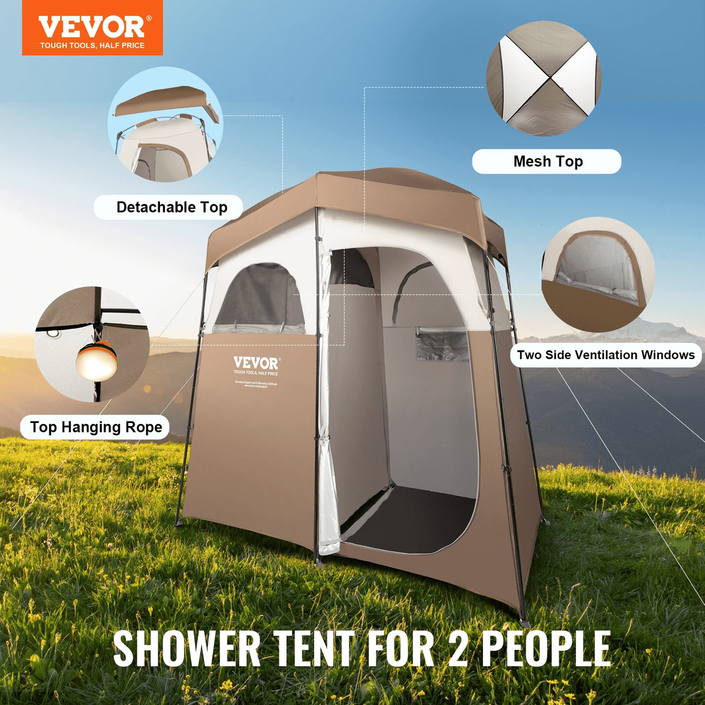 VEVOR Camping Shower Tent, 83" x 42" x 83" 2 Rooms Oversize Outdoor Portable Shelter, Privacy Tent with Detachable Top, Pockets, Hanging Rope and Clothesline, for Dressing, Changing, Toilet, Bathroom - MarineQuest Supply