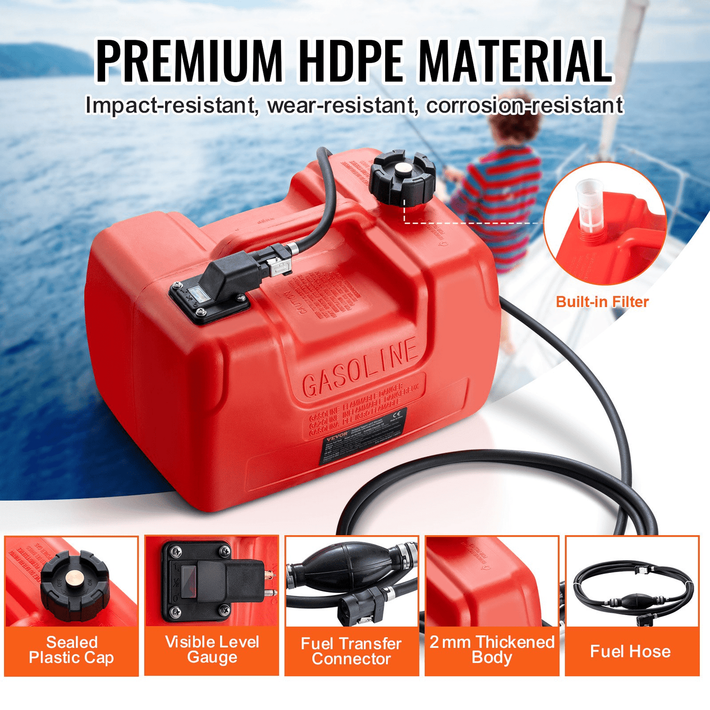 VEVOR Marine Fuel Tank, 3.17 Gallon/12L, Portable Boat Fuel Gas Tank for Outboard Engine Boats, Plastic Outboard Marine Boat Fuel Tank with Hose, Easy to Carry for Yacht, Fishing Boat, Deck Boat, Red - MarineQuest Supply