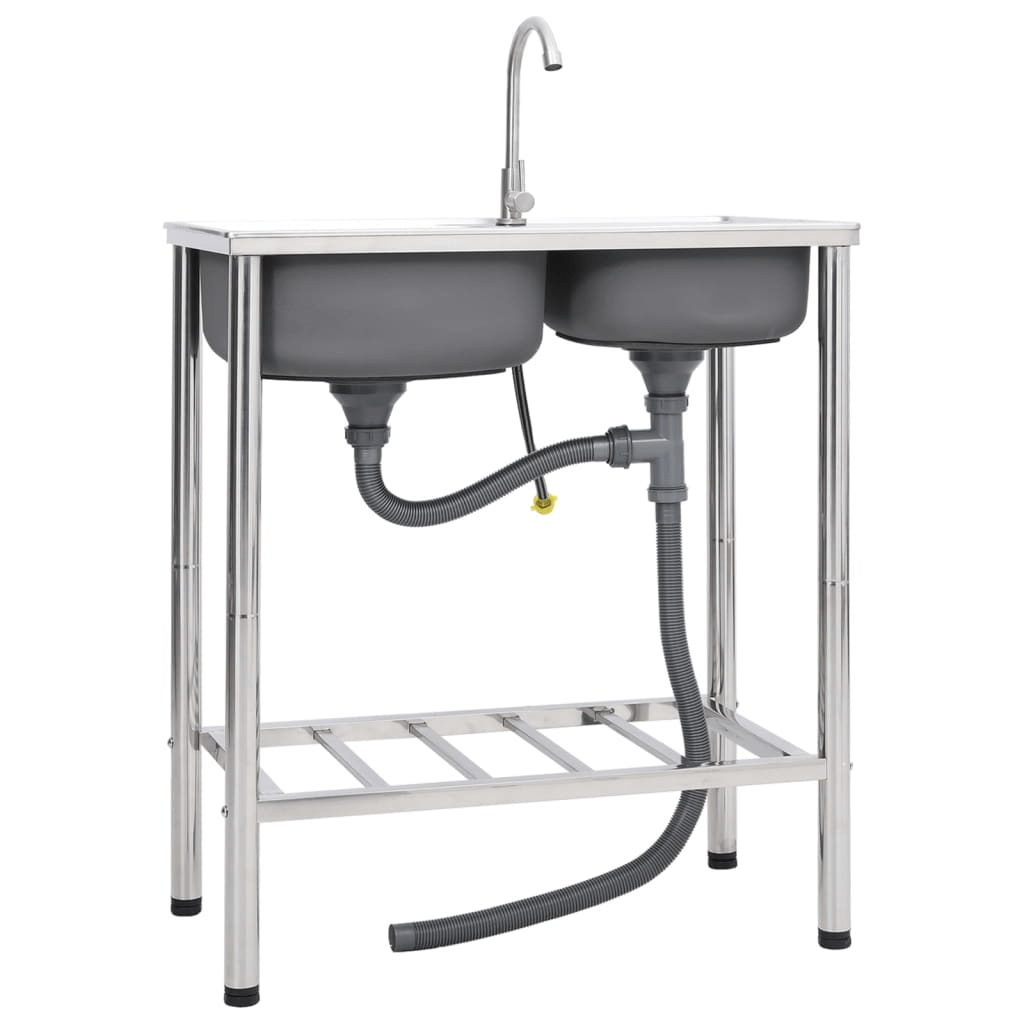 VidaXL Camping Sink Double Basins with Tap Stainless Steel - MarineQuest Supply