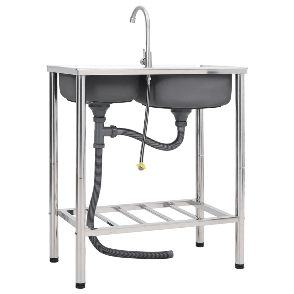 VidaXL Camping Sink Double Basins with Tap Stainless Steel - MarineQuest Supply
