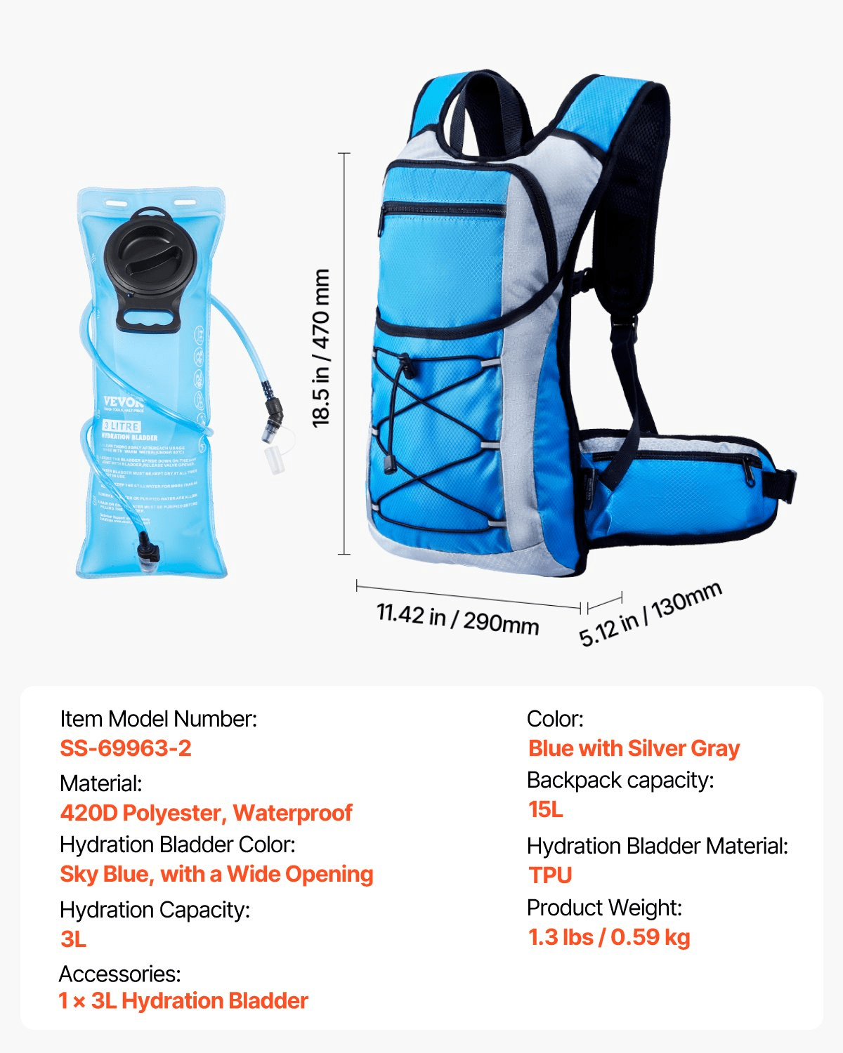 Hydration Pack Backpack 3L TPU Water Bladder Cycling Hiking Running Camping - MarineQuest Supply