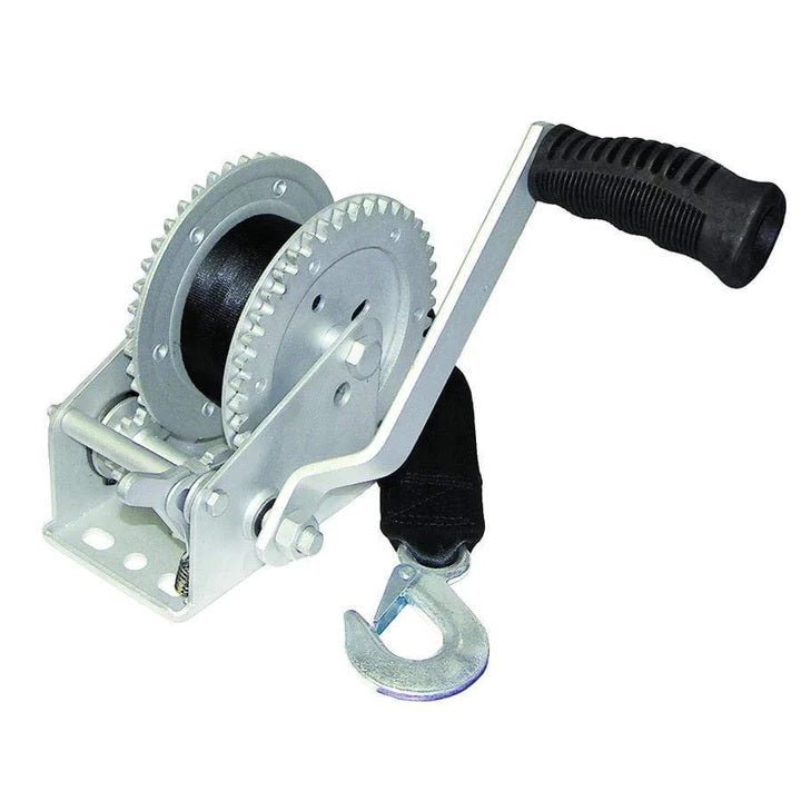 TH Marine Trailer Winch 1000 Lb , 2 - Way, Dichromate, With 2in X 20ft Strap & Zinc Hook W/Instruction Sheet - MarineQuest Supply
