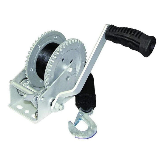 TH Marine Trailer Winch 1000 Lb , 2 - Way, Dichromate, With 2in X 20ft Strap & Zinc Hook W/Instruction Sheet - MarineQuest Supply