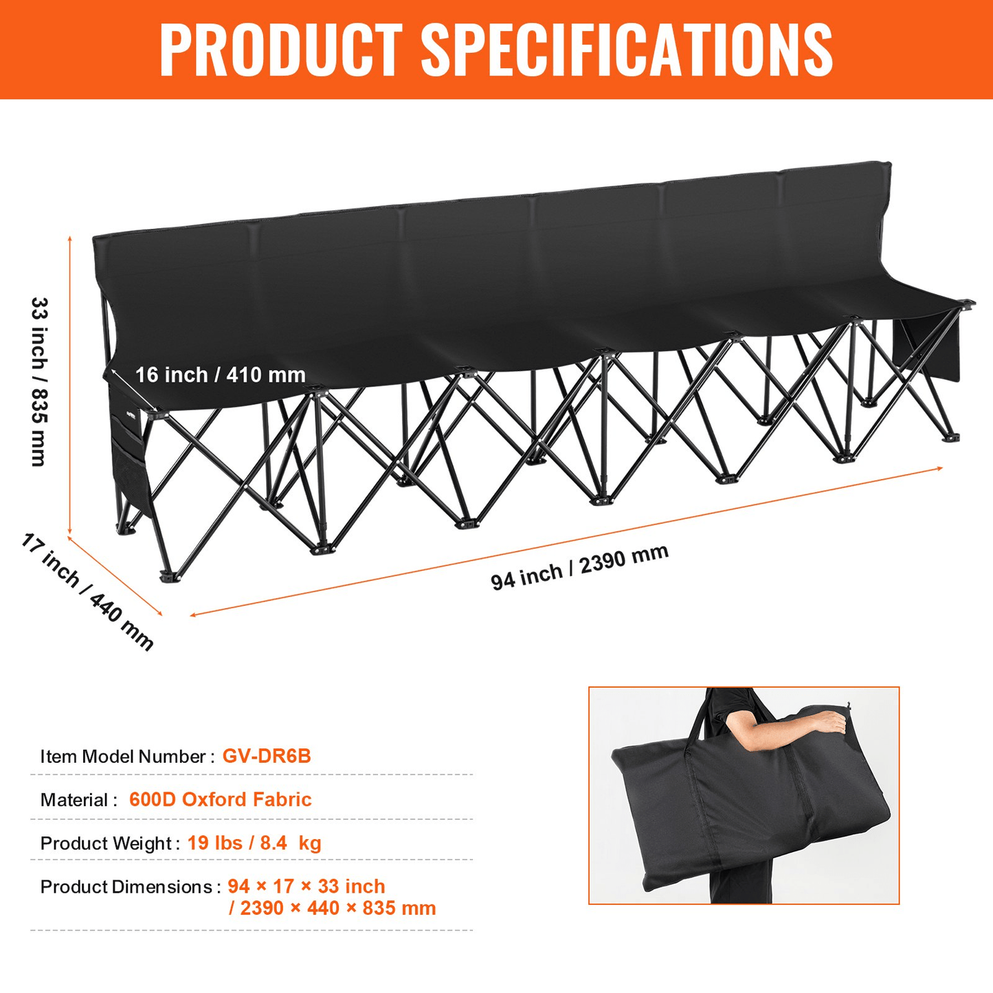 VEVOR 6 Seat Portable Folding Sport Bench Outdoor Camping Chair with Carry Bag - MarineQuest Supply
