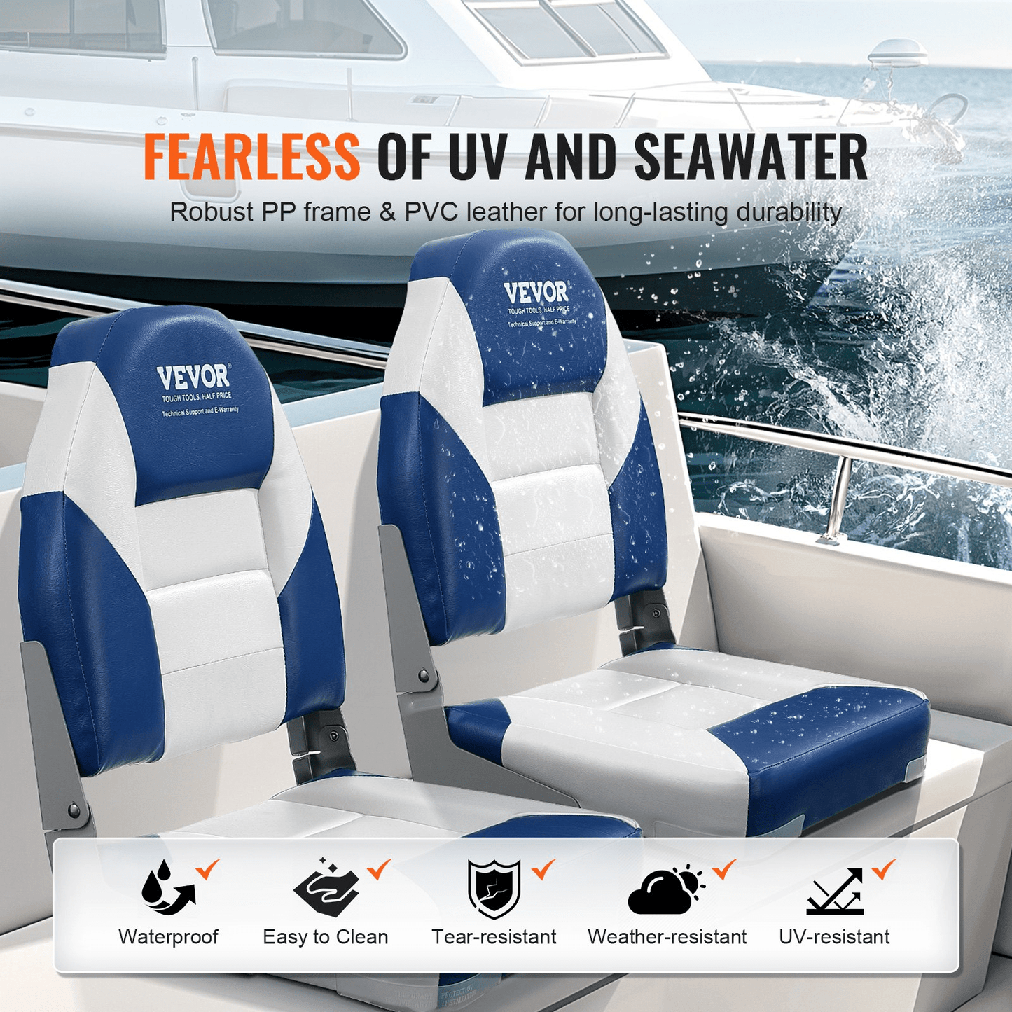 VEVOR Boat Seats, 21.85" High Back Boat Seat, Folding Boat Chair with Thickened Sponge Padding and Hinge, Fold - Down Boat Captain Chairs for Fishing Boat, Sightseeing Boat, Speedboat, Canoe, 2 - Pack - MarineQuest Supply
