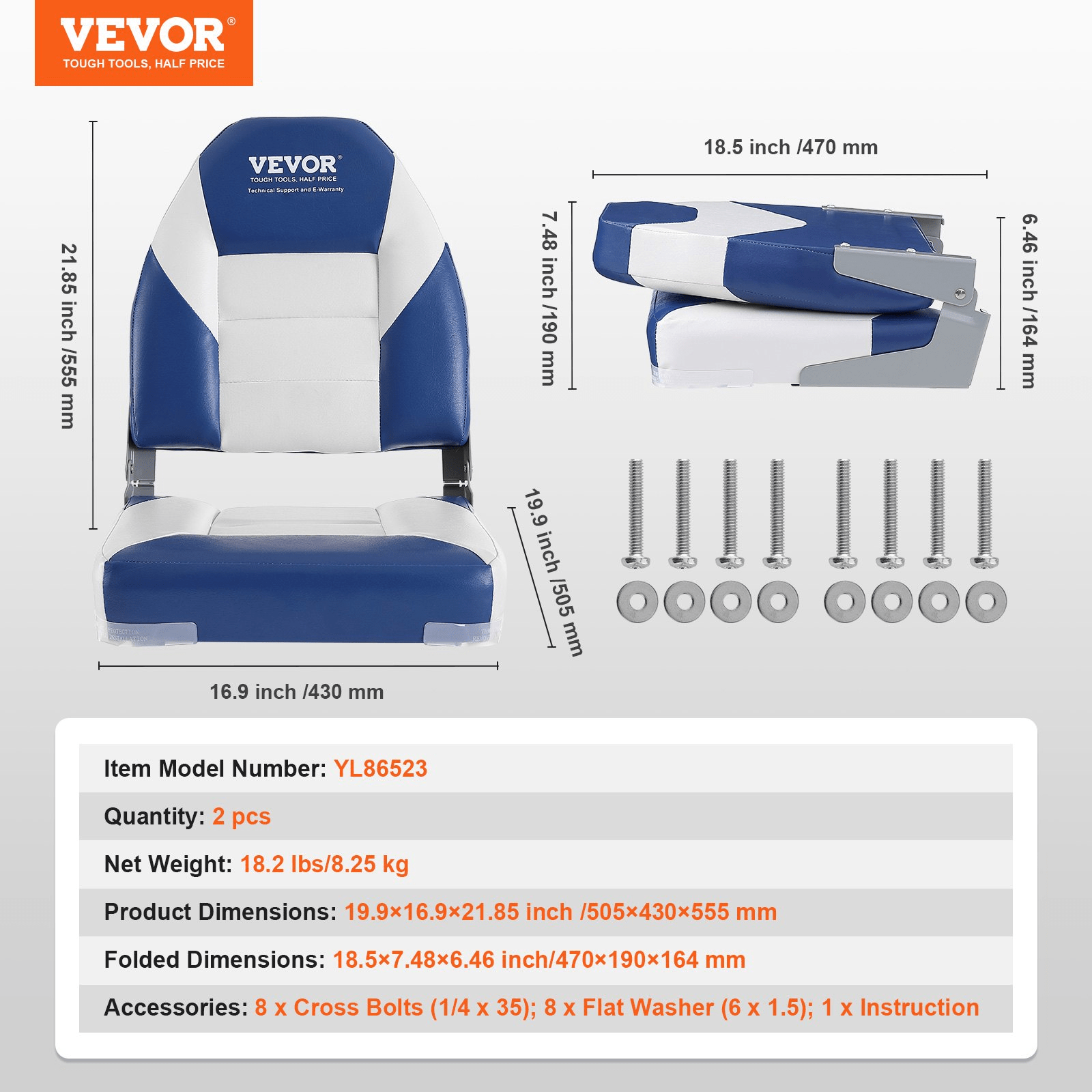 VEVOR Boat Seats, 21.85" High Back Boat Seat, Folding Boat Chair with Thickened Sponge Padding and Hinge, Fold - Down Boat Captain Chairs for Fishing Boat, Sightseeing Boat, Speedboat, Canoe, 2 - Pack - MarineQuest Supply