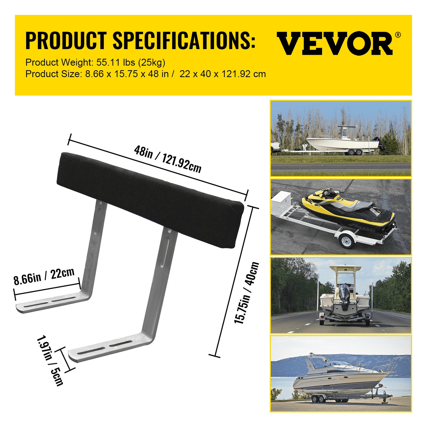 VEVOR Boat Trailer Guide - ons, 48", 2PCS Rustproof Steel Trailer Guide ons, Trailer Guides with Carpet - Padded Boards, Mounting Parts Included, for Ski Boat, Fishing Boat or Sailboat Trailer - MarineQuest Supply
