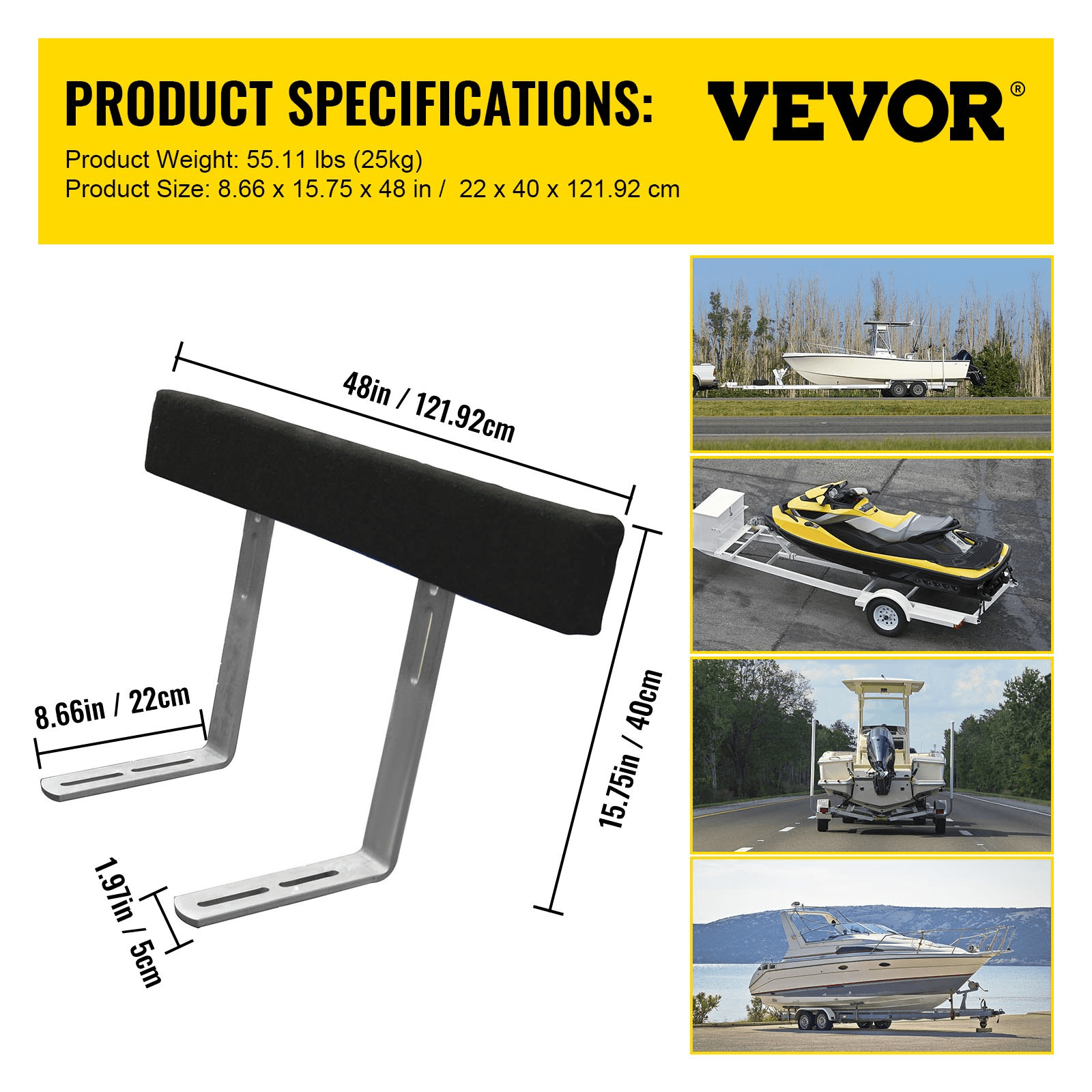 VEVOR Boat Trailer Guide - ons, 48", 2PCS Rustproof Steel Trailer Guide ons, Trailer Guides with Carpet - Padded Boards, Mounting Parts Included, for Ski Boat, Fishing Boat or Sailboat Trailer - MarineQuest Supply