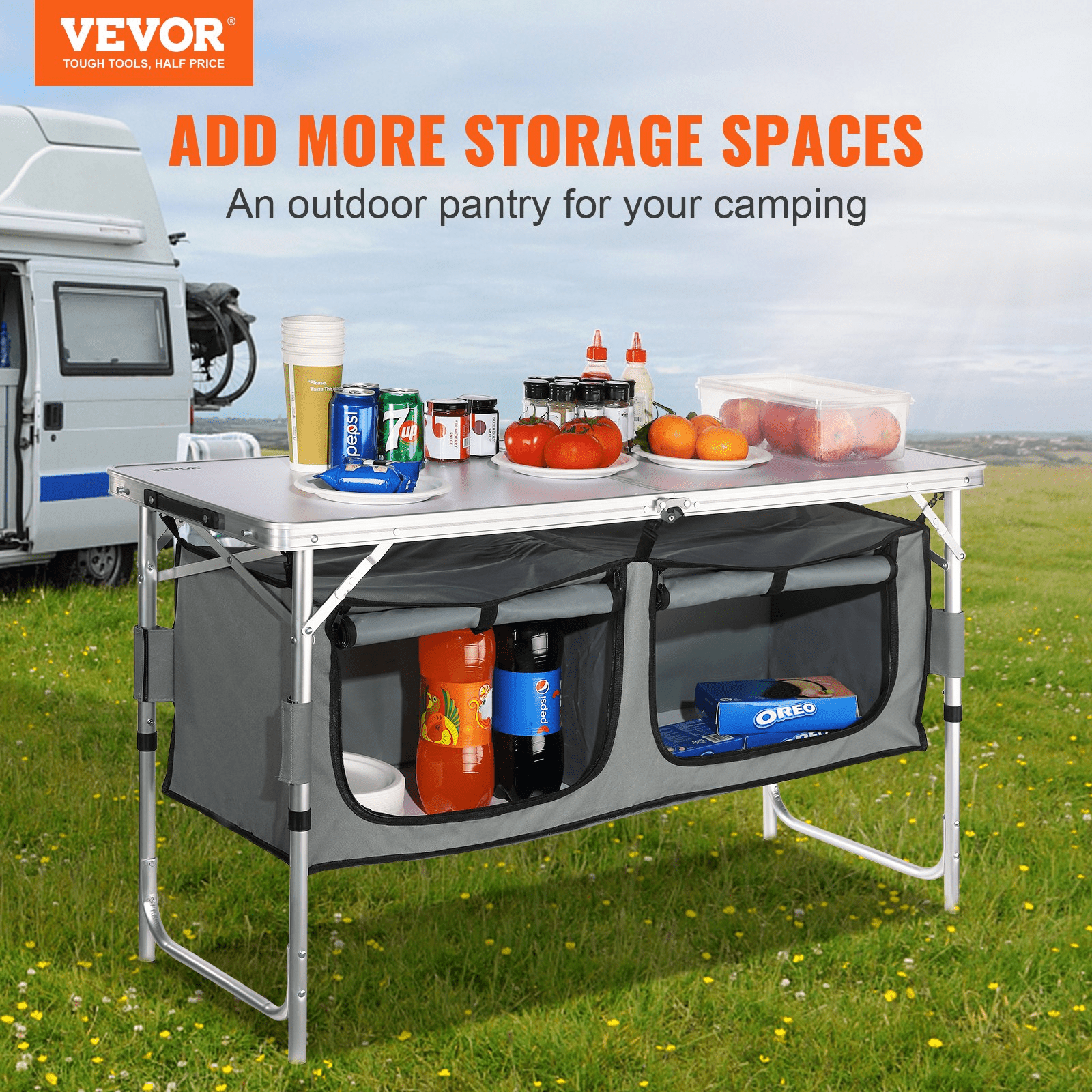 VEVOR Camping Kitchen Table, Quick set - up Folding Camping Table, 3 Adjustable Heights, MDF Camping Table, Ideal for Outdoor Picnics, BBQs, Camping, RV Traveling - MarineQuest Supply