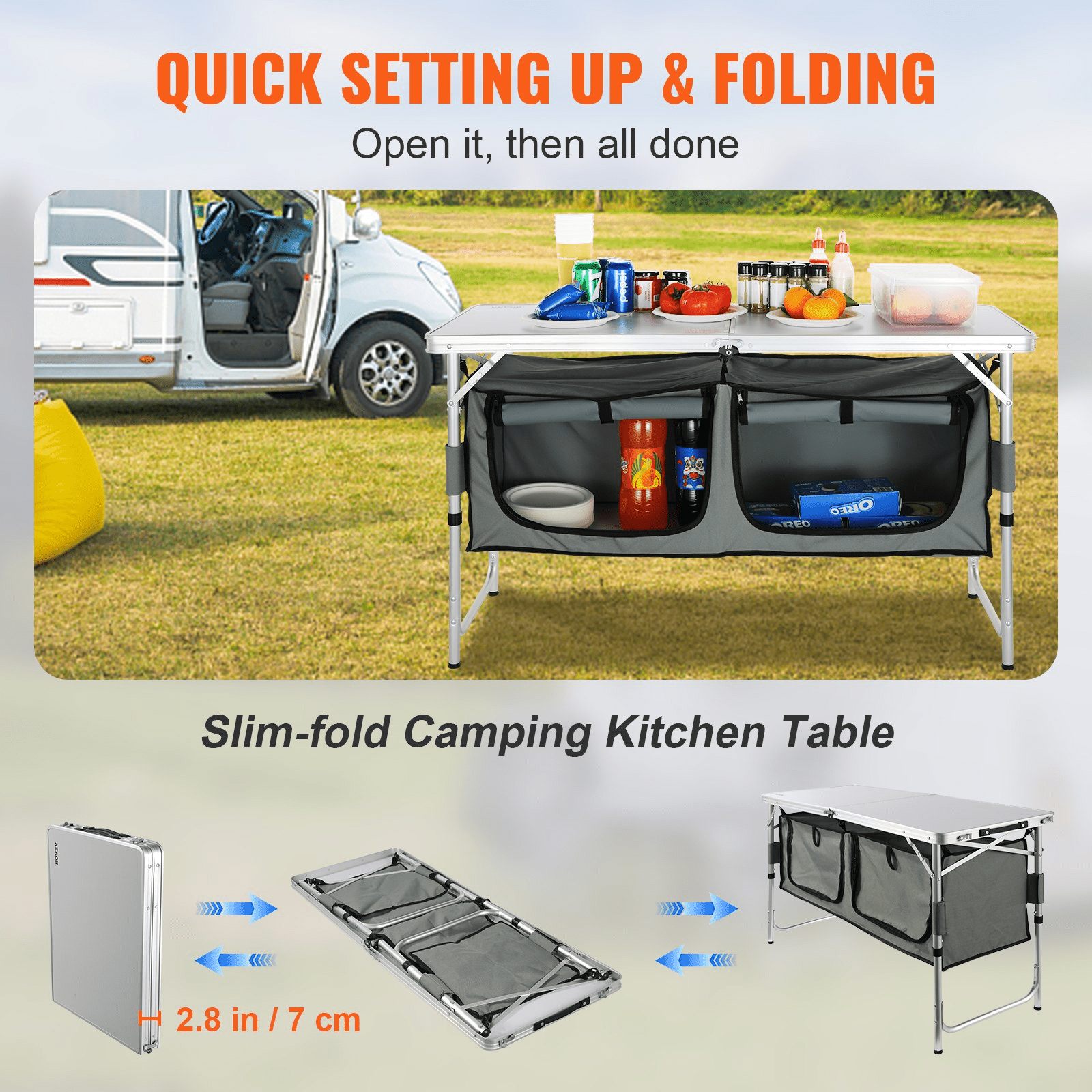 VEVOR Camping Kitchen Table, Quick set - up Folding Camping Table, 3 Adjustable Heights, MDF Camping Table, Ideal for Outdoor Picnics, BBQs, Camping, RV Traveling - MarineQuest Supply