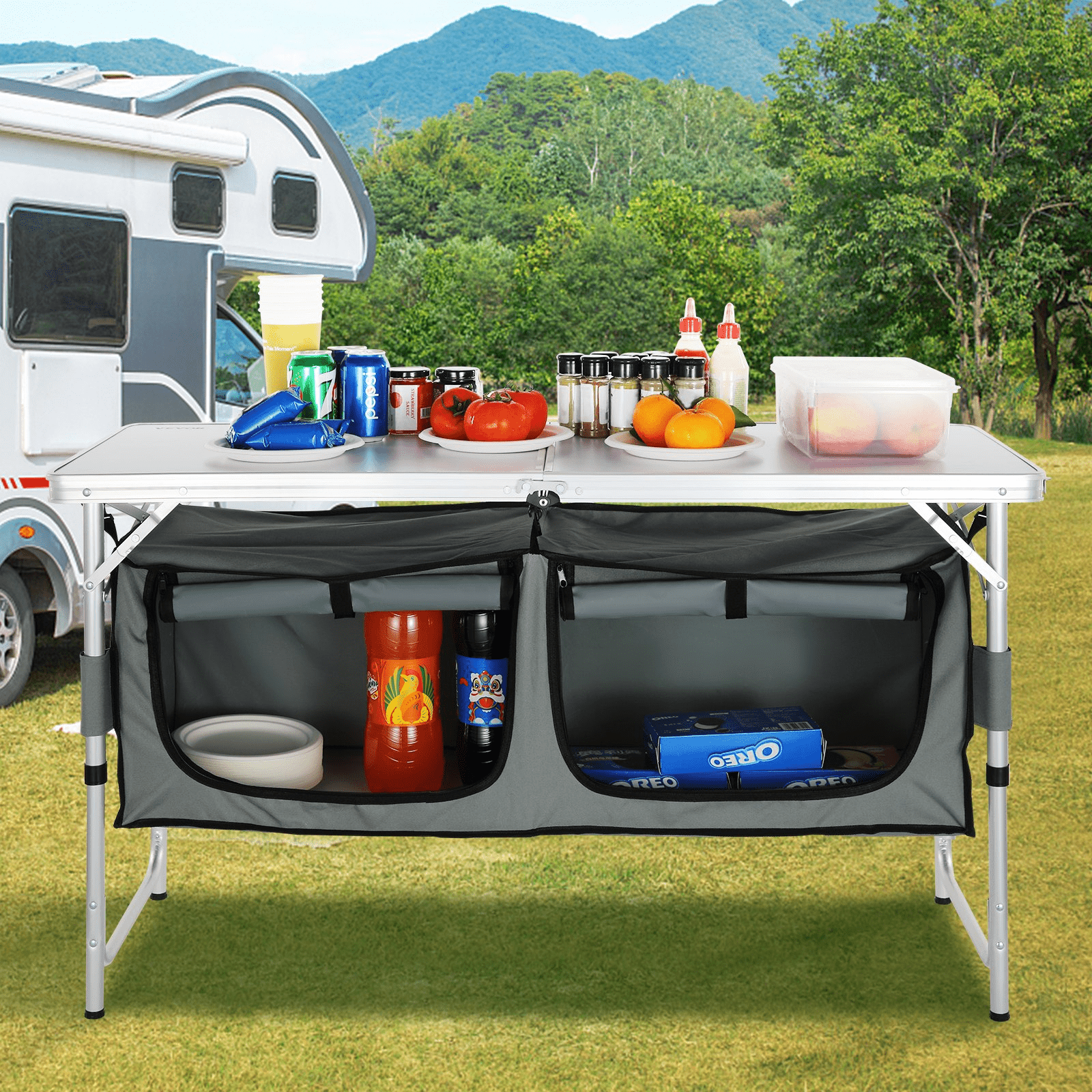 VEVOR Camping Kitchen Table, Quick set - up Folding Camping Table, 3 Adjustable Heights, MDF Camping Table, Ideal for Outdoor Picnics, BBQs, Camping, RV Traveling - MarineQuest Supply