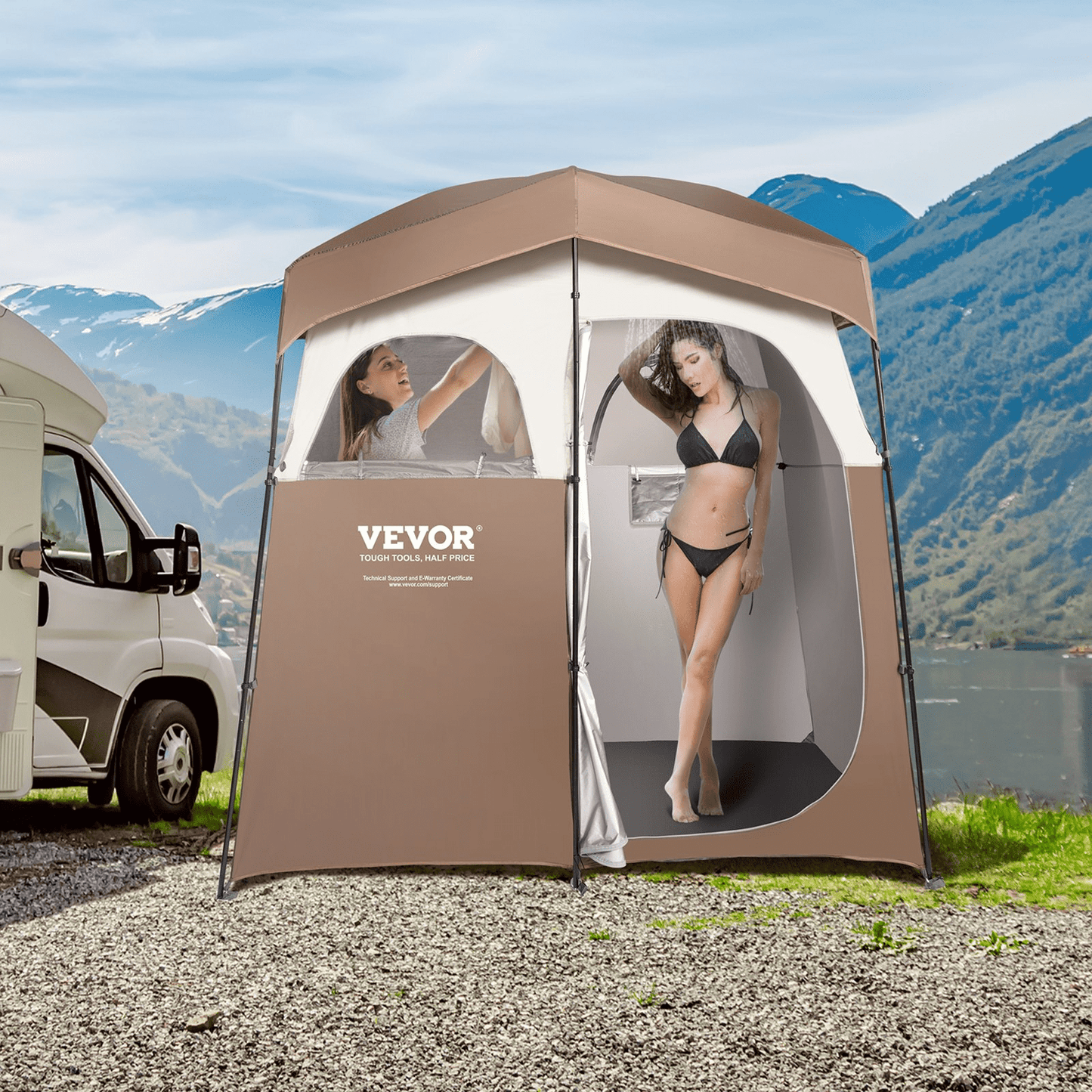 VEVOR Camping Shower Tent, 83" x 42" x 83" 2 Rooms Oversize Outdoor Portable Shelter, Privacy Tent with Detachable Top, Pockets, Hanging Rope and Clothesline, for Dressing, Changing, Toilet, Bathroom - MarineQuest Supply