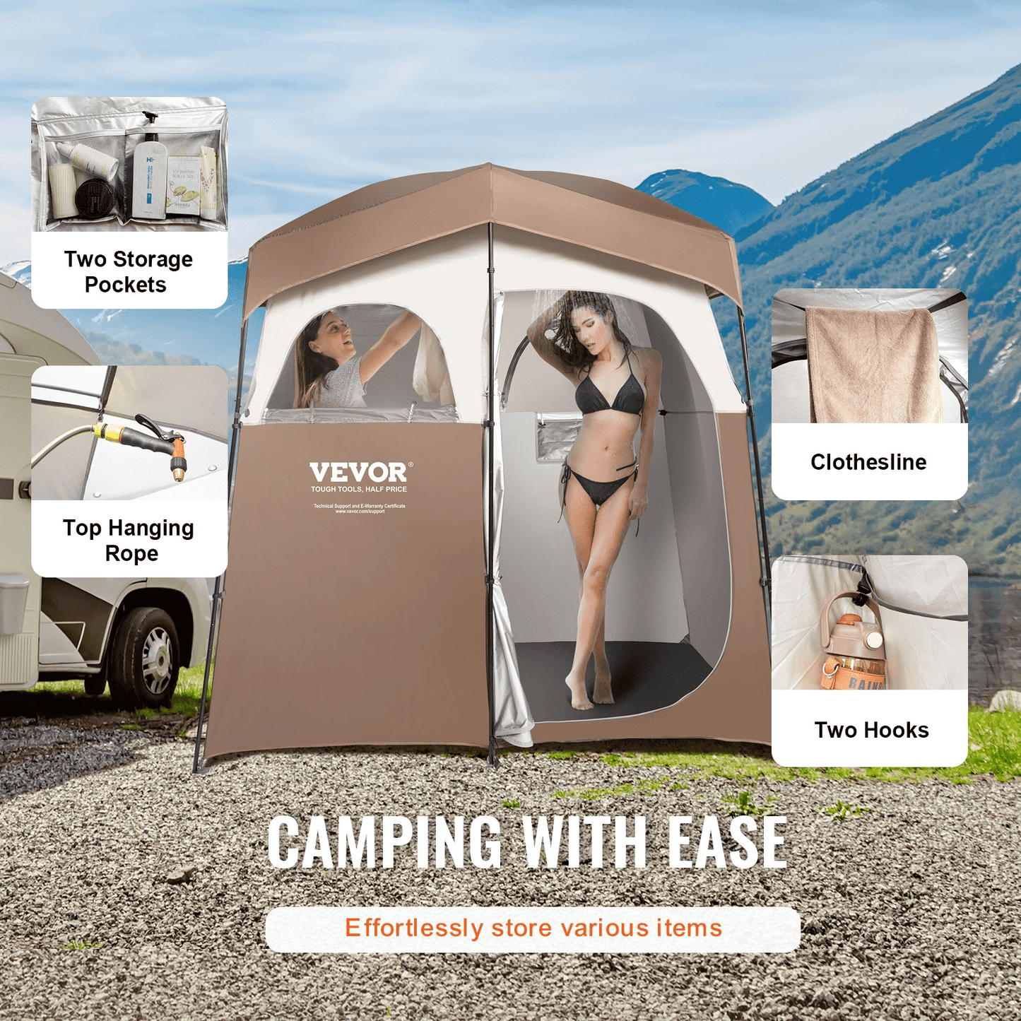 VEVOR Camping Shower Tent, 83" x 42" x 83" 2 Rooms Oversize Outdoor Portable Shelter, Privacy Tent with Detachable Top, Pockets, Hanging Rope and Clothesline, for Dressing, Changing, Toilet, Bathroom - MarineQuest Supply
