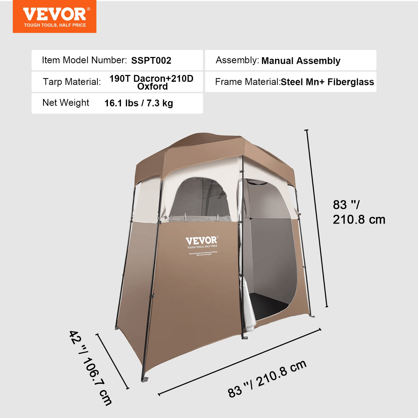 VEVOR Camping Shower Tent, 83" x 42" x 83" 2 Rooms Oversize Outdoor Portable Shelter, Privacy Tent with Detachable Top, Pockets, Hanging Rope and Clothesline, for Dressing, Changing, Toilet, Bathroom - MarineQuest Supply