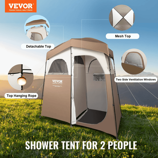 VEVOR Camping Shower Tent, 83" x 42" x 83" 2 Rooms Oversize Outdoor Portable Shelter, Privacy Tent with Detachable Top, Pockets, Hanging Rope and Clothesline, for Dressing, Changing, Toilet, Bathroom - MarineQuest Supply