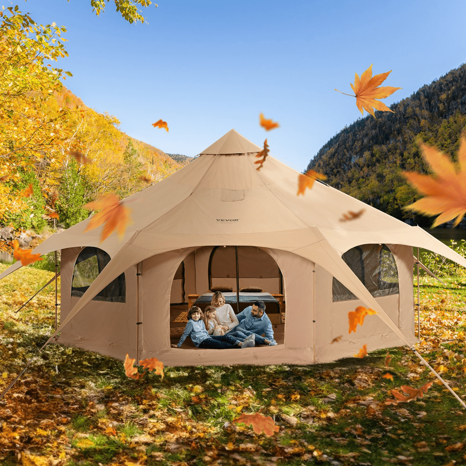 VEVOR Canvas Tent, 4 Seasons 5 m/16.4 ft Bell Tent, Canvas Tent for Camping with Stove Jack, Breathable Yurt Tent for up to 8 People, Family Camping Outdoor Hunting Party - MarineQuest Supply