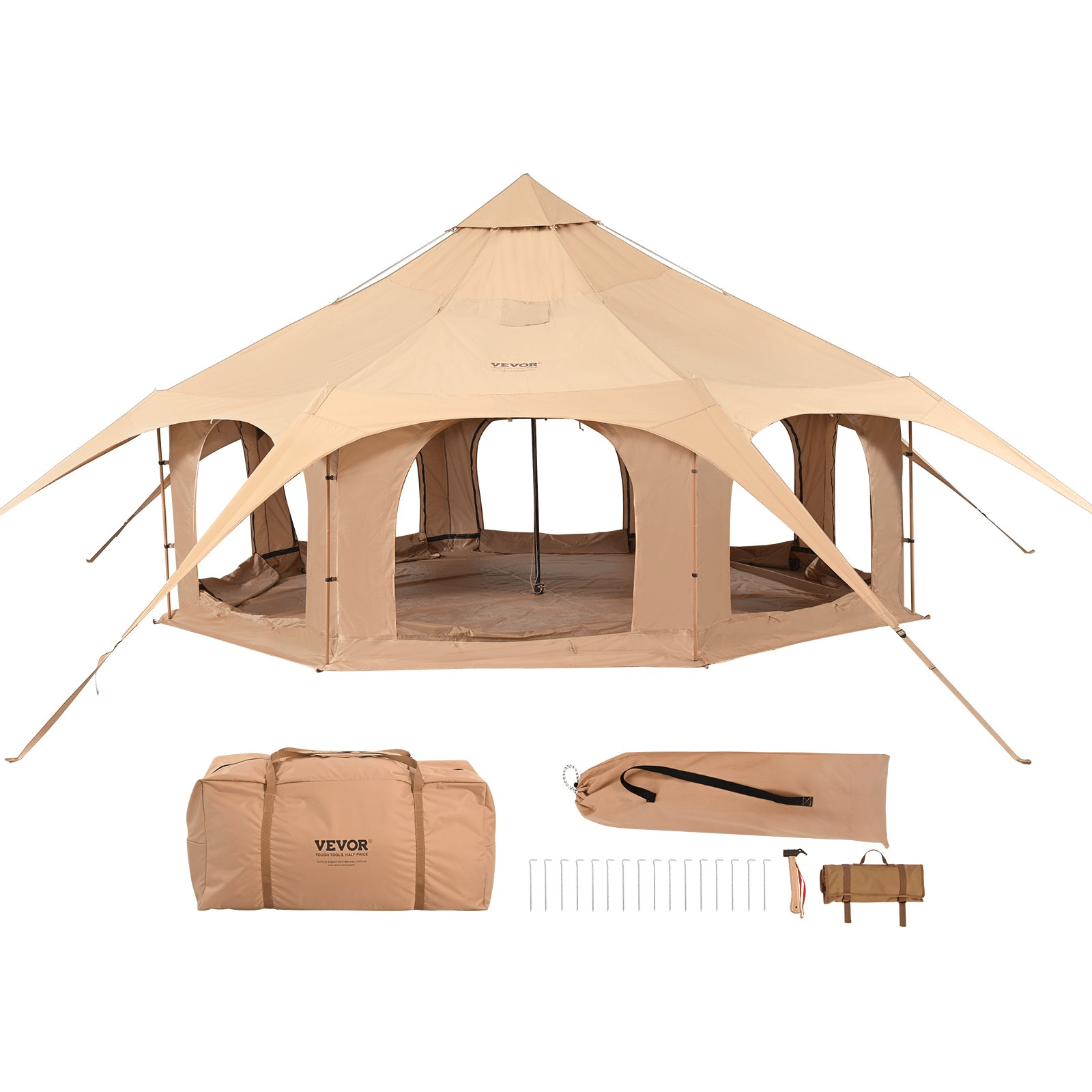 VEVOR Canvas Tent, 4 Seasons 5 m/16.4 ft Bell Tent, Canvas Tent for Camping with Stove Jack, Breathable Yurt Tent for up to 8 People, Family Camping Outdoor Hunting Party - MarineQuest Supply