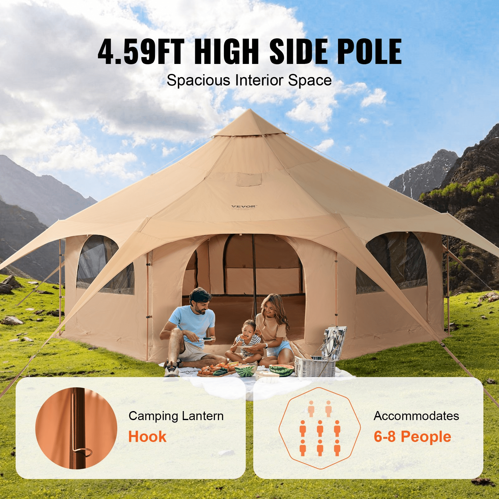 VEVOR Canvas Tent, 4 Seasons 5 m/16.4 ft Bell Tent, Canvas Tent for Camping with Stove Jack, Breathable Yurt Tent for up to 8 People, Family Camping Outdoor Hunting Party - MarineQuest Supply