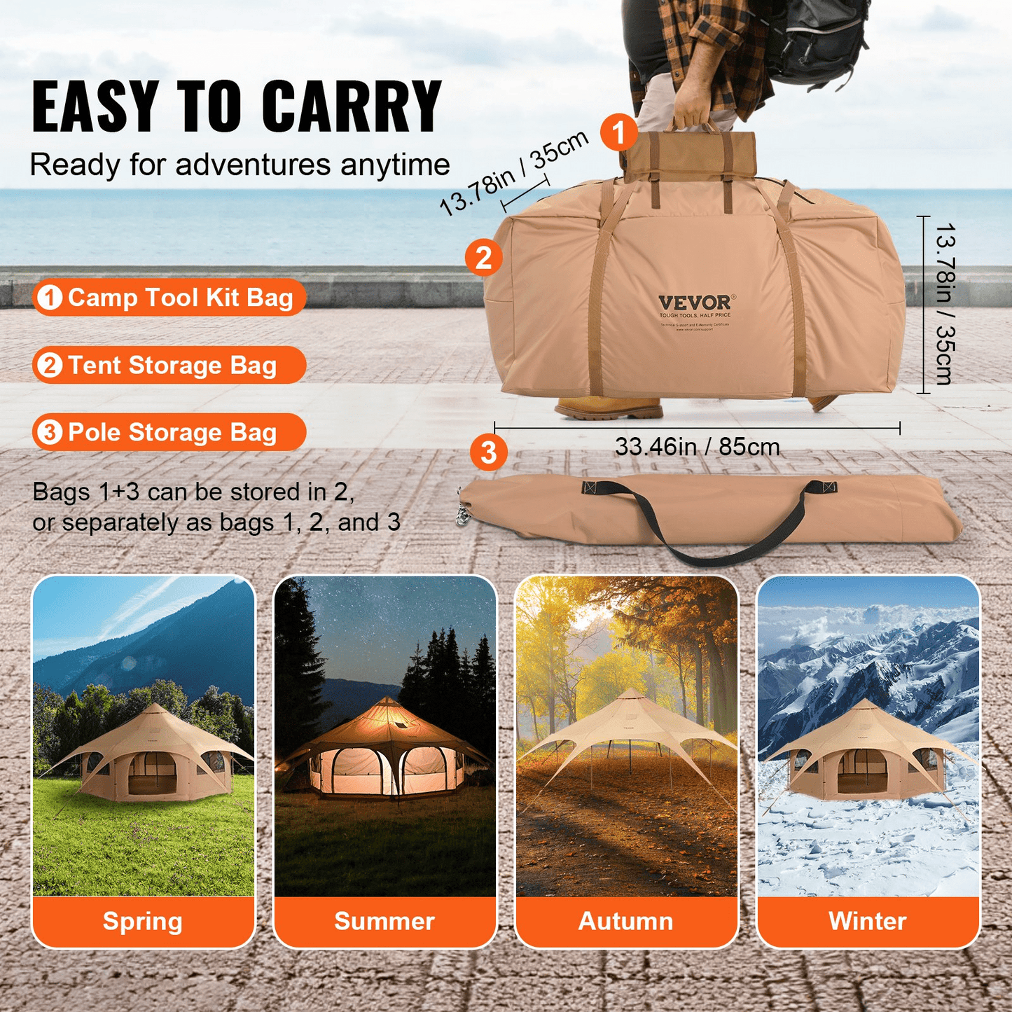 VEVOR Canvas Tent, 4 Seasons 5 m/16.4 ft Bell Tent, Canvas Tent for Camping with Stove Jack, Breathable Yurt Tent for up to 8 People, Family Camping Outdoor Hunting Party - MarineQuest Supply