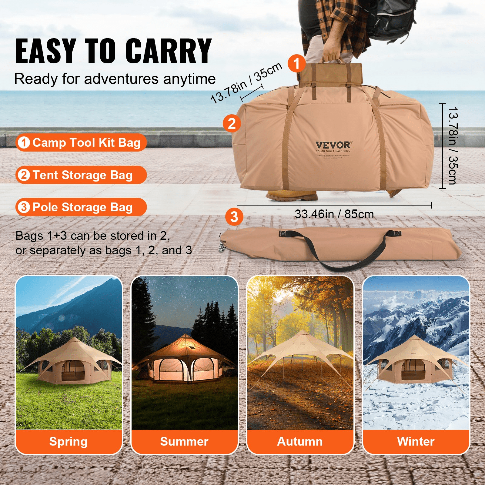 VEVOR Canvas Tent, 4 Seasons 5 m/16.4 ft Bell Tent, Canvas Tent for Camping with Stove Jack, Breathable Yurt Tent for up to 8 People, Family Camping Outdoor Hunting Party - MarineQuest Supply