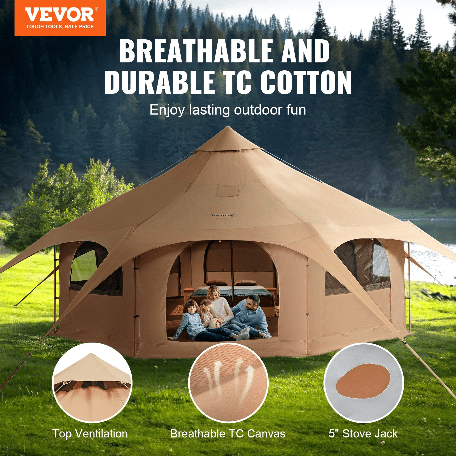 VEVOR Canvas Tent, 4 Seasons 5 m/16.4 ft Bell Tent, Canvas Tent for Camping with Stove Jack, Breathable Yurt Tent for up to 8 People, Family Camping Outdoor Hunting Party - MarineQuest Supply