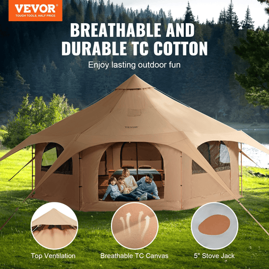 VEVOR Canvas Tent, 4 Seasons 5 m/16.4 ft Bell Tent, Canvas Tent for Camping with Stove Jack, Breathable Yurt Tent for up to 8 People, Family Camping Outdoor Hunting Party - MarineQuest Supply