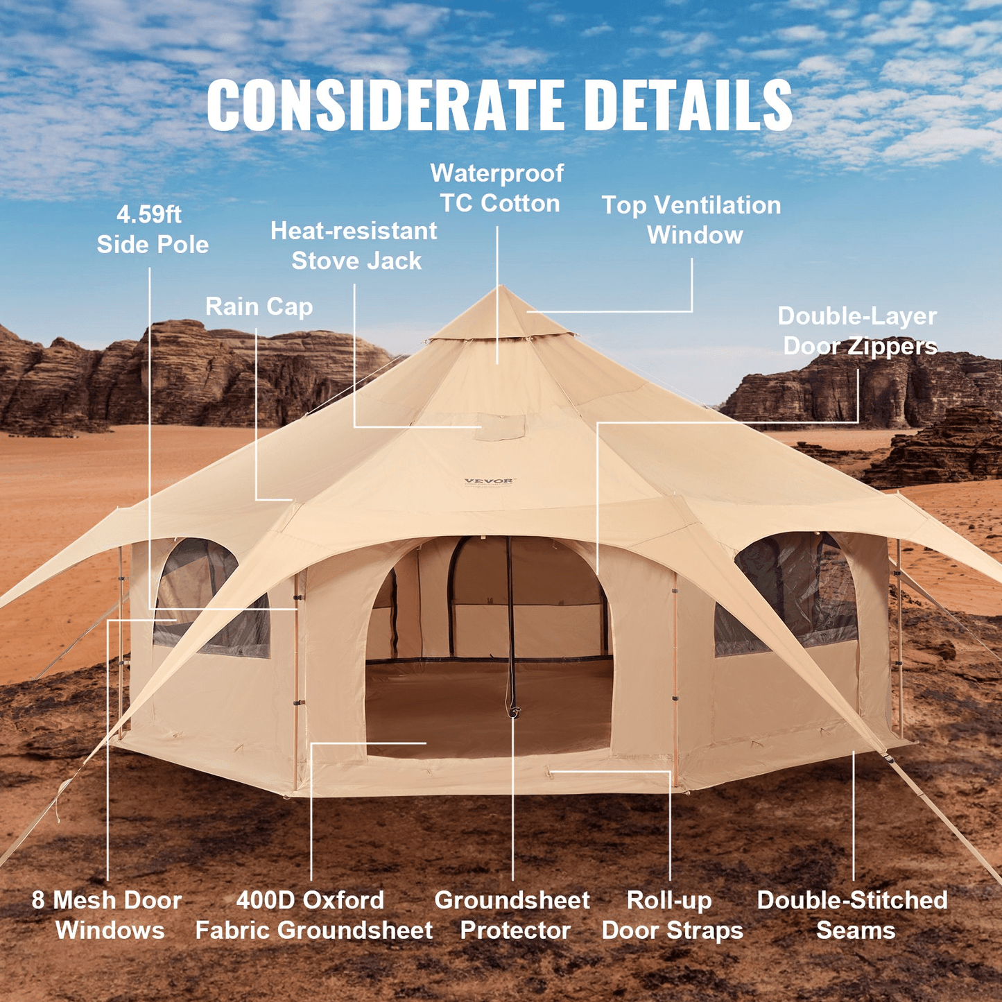 VEVOR Canvas Tent, 4 Seasons 5 m/16.4 ft Bell Tent, Canvas Tent for Camping with Stove Jack, Breathable Yurt Tent for up to 8 People, Family Camping Outdoor Hunting Party - MarineQuest Supply