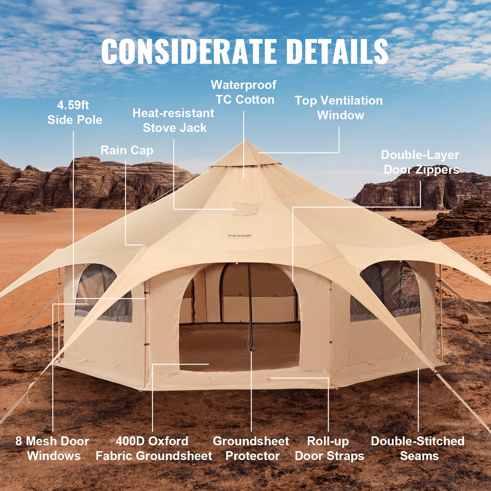 VEVOR Canvas Tent, 4 Seasons 5 m/16.4 ft Bell Tent, Canvas Tent for Camping with Stove Jack, Breathable Yurt Tent for up to 8 People, Family Camping Outdoor Hunting Party - MarineQuest Supply