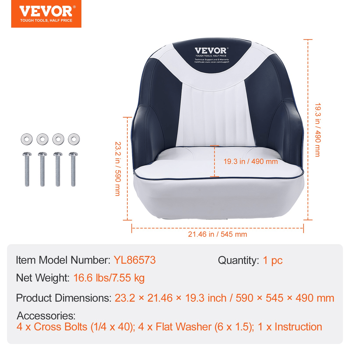 VEVOR Captain Bucket Seat, Pontoon Boat Seat with Thickened Sponge Padding, Boat Captain Chair for Fishing Boat, Sightseeing Boat, Speedboat, Canoe, 1 - Piece - MarineQuest Supply