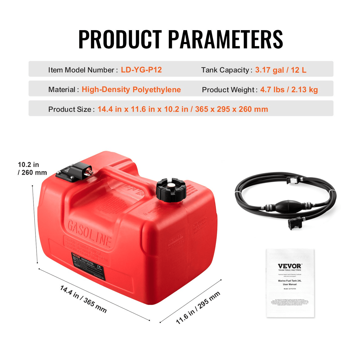 VEVOR Marine Fuel Tank, 3.17 Gallon/12L, Portable Boat Fuel Gas Tank for Outboard Engine Boats, Plastic Outboard Marine Boat Fuel Tank with Hose, Easy to Carry for Yacht, Fishing Boat, Deck Boat, Red - MarineQuest Supply