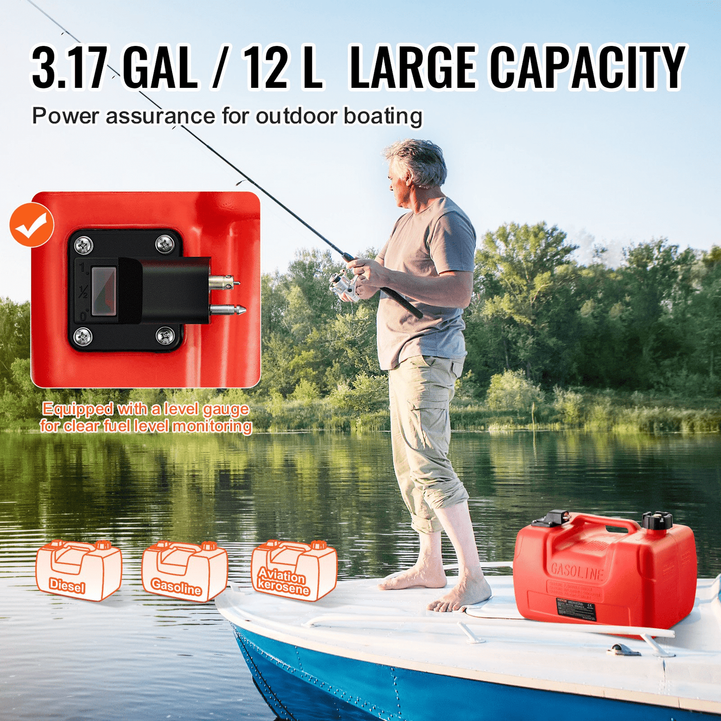 VEVOR Marine Fuel Tank, 3.17 Gallon/12L, Portable Boat Fuel Gas Tank for Outboard Engine Boats, Plastic Outboard Marine Boat Fuel Tank with Hose, Easy to Carry for Yacht, Fishing Boat, Deck Boat, Red - MarineQuest Supply