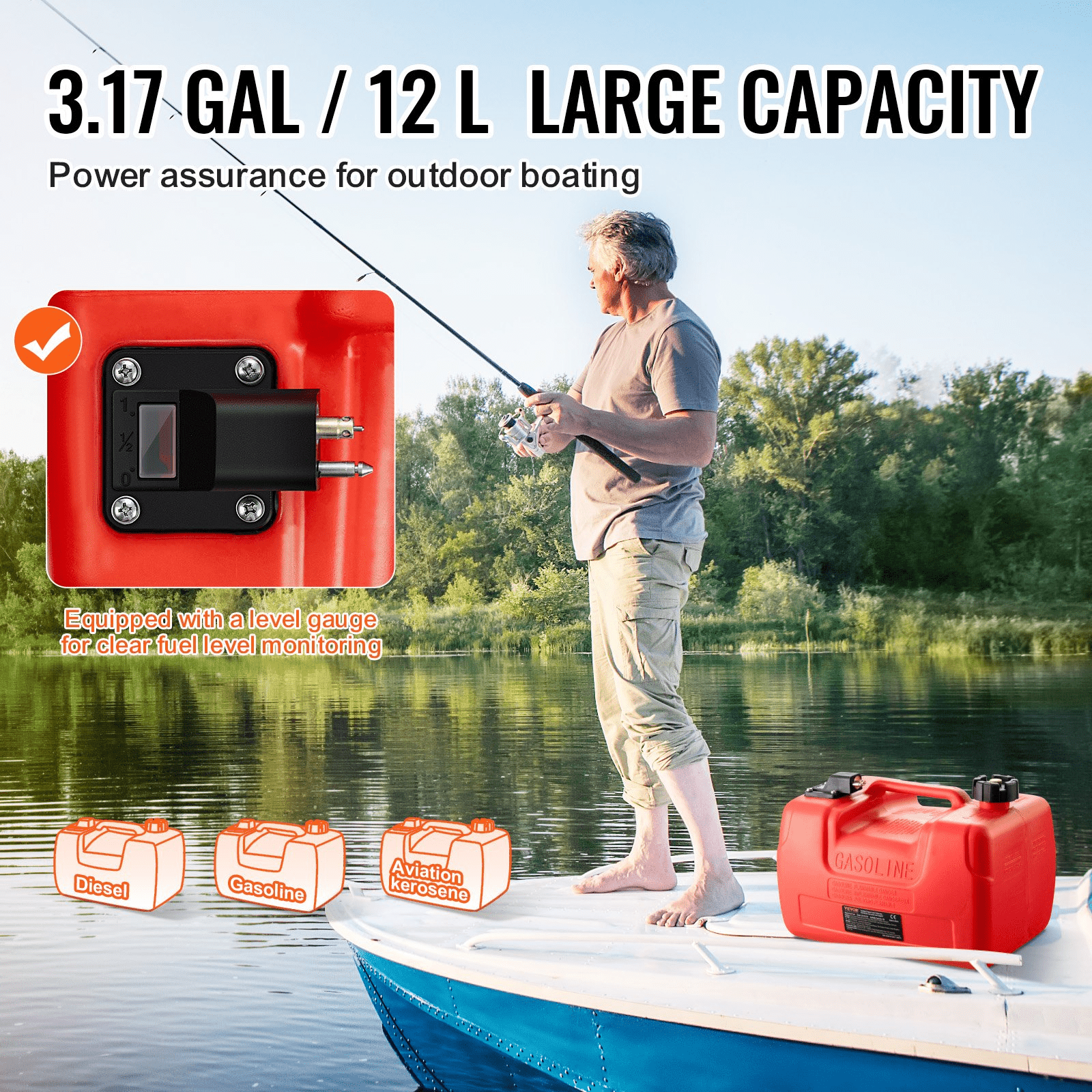 VEVOR Marine Fuel Tank, 3.17 Gallon/12L, Portable Boat Fuel Gas Tank for Outboard Engine Boats, Plastic Outboard Marine Boat Fuel Tank with Hose, Easy to Carry for Yacht, Fishing Boat, Deck Boat, Red - MarineQuest Supply