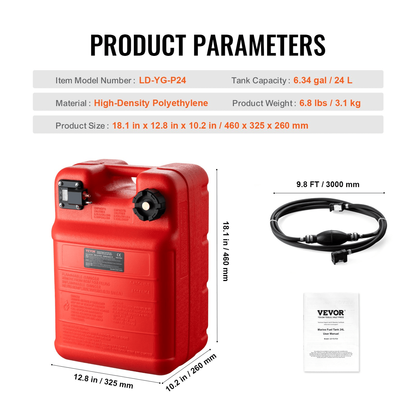 VEVOR Marine Fuel Tank, 6.34 Gallon/24L, Portable Boat Fuel Gas Tank for Outboard Engine Boats, Plastic Outboard Marine Boat Fuel Tank with Hose, Easy to Carry for Yacht, Fishing Boat, Deck Boat, Red - MarineQuest Supply
