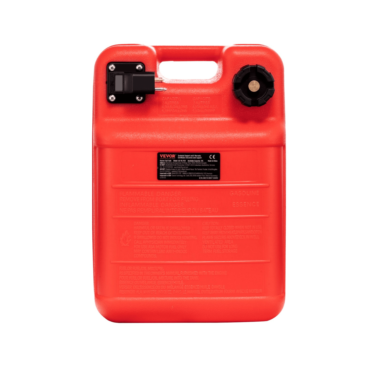 VEVOR Marine Fuel Tank, 6.34 Gallon/24L, Portable Boat Fuel Gas Tank for Outboard Engine Boats, Plastic Outboard Marine Boat Fuel Tank with Hose, Easy to Carry for Yacht, Fishing Boat, Deck Boat, Red - MarineQuest Supply