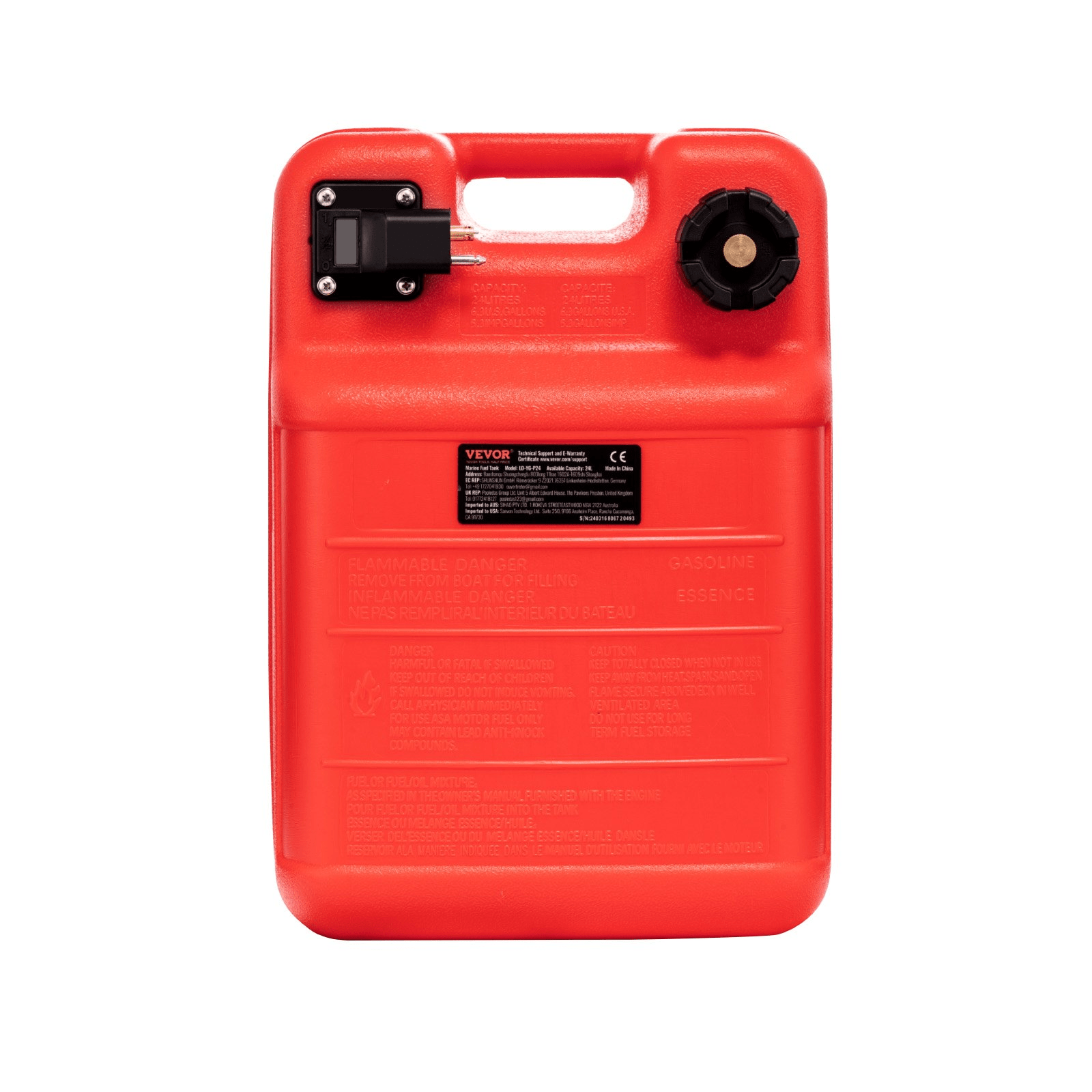 VEVOR Marine Fuel Tank, 6.34 Gallon/24L, Portable Boat Fuel Gas Tank for Outboard Engine Boats, Plastic Outboard Marine Boat Fuel Tank with Hose, Easy to Carry for Yacht, Fishing Boat, Deck Boat, Red - MarineQuest Supply