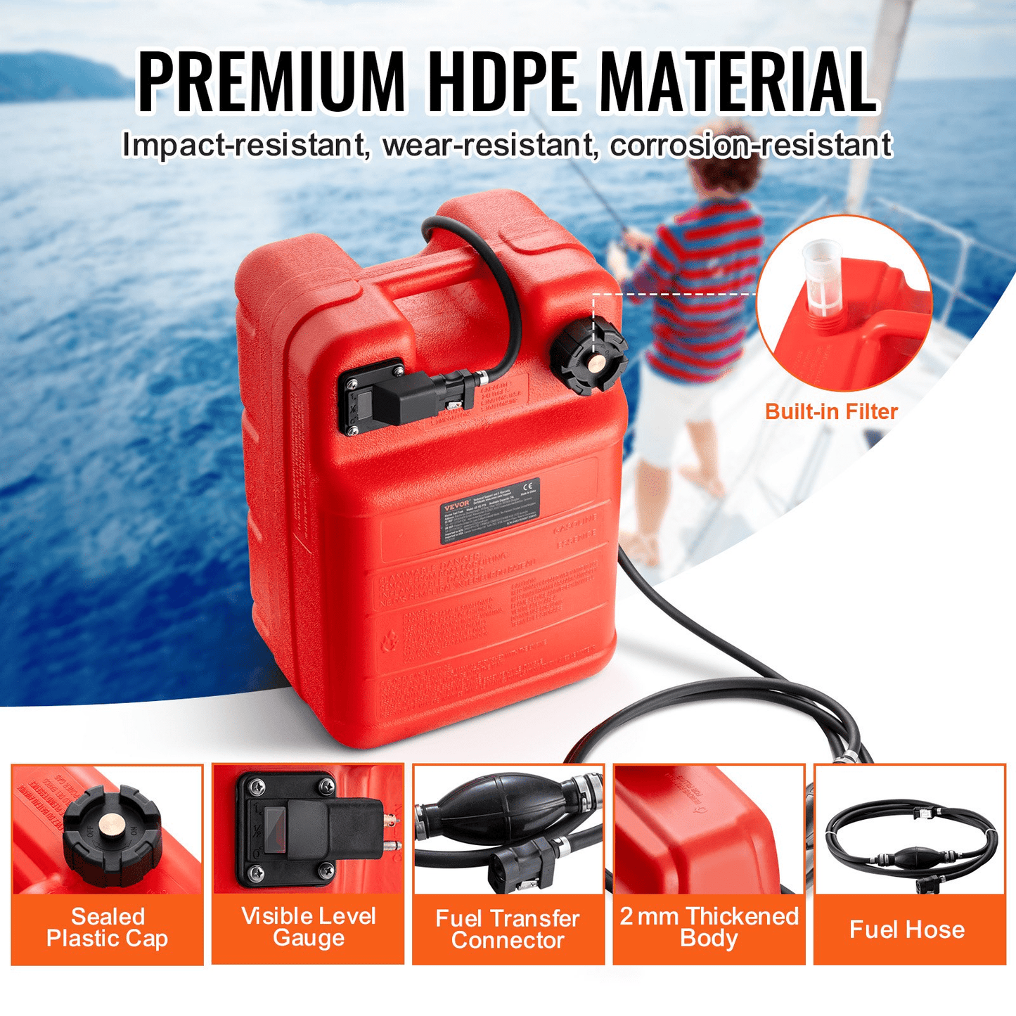 VEVOR Marine Fuel Tank, 6.34 Gallon/24L, Portable Boat Fuel Gas Tank for Outboard Engine Boats, Plastic Outboard Marine Boat Fuel Tank with Hose, Easy to Carry for Yacht, Fishing Boat, Deck Boat, Red - MarineQuest Supply
