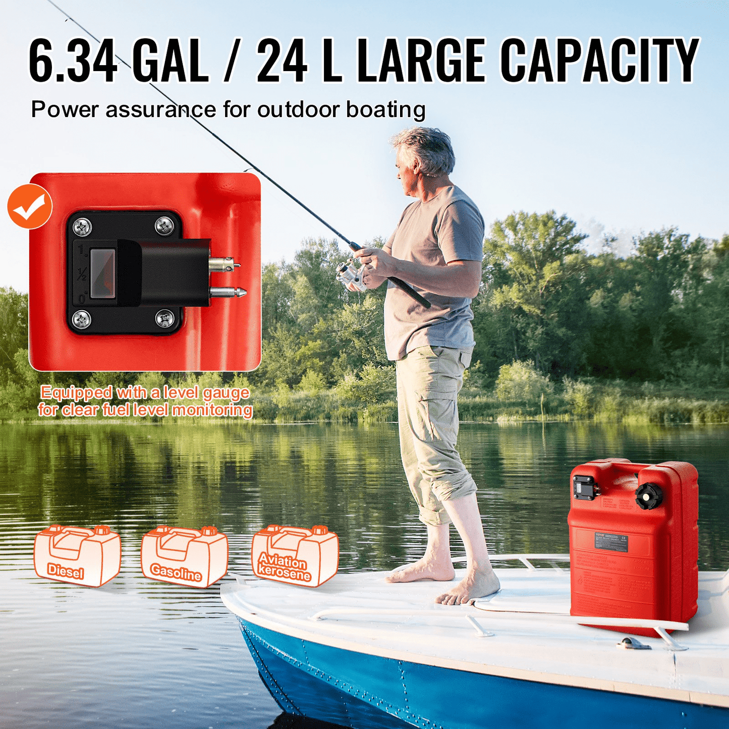 VEVOR Marine Fuel Tank, 6.34 Gallon/24L, Portable Boat Fuel Gas Tank for Outboard Engine Boats, Plastic Outboard Marine Boat Fuel Tank with Hose, Easy to Carry for Yacht, Fishing Boat, Deck Boat, Red - MarineQuest Supply