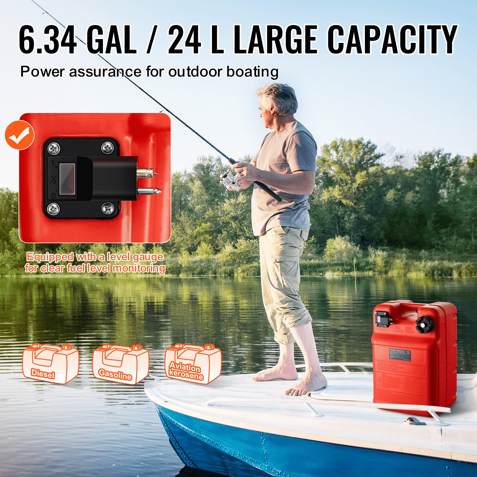 VEVOR Marine Fuel Tank, 6.34 Gallon/24L, Portable Boat Fuel Gas Tank for Outboard Engine Boats, Plastic Outboard Marine Boat Fuel Tank with Hose, Easy to Carry for Yacht, Fishing Boat, Deck Boat, Red - MarineQuest Supply