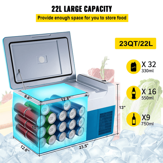 VEVOR Portable Refrigerator 23 Quart(22 Liter),12 Volt Refrigerator App Control( - 4℉~68℉), Car Refrigerator Electric Compressor Cooler with 12/24v DC & 110 - 240v AC for Camping, Travel, Fishing, Outdoor or Home Use - MarineQuest Supply